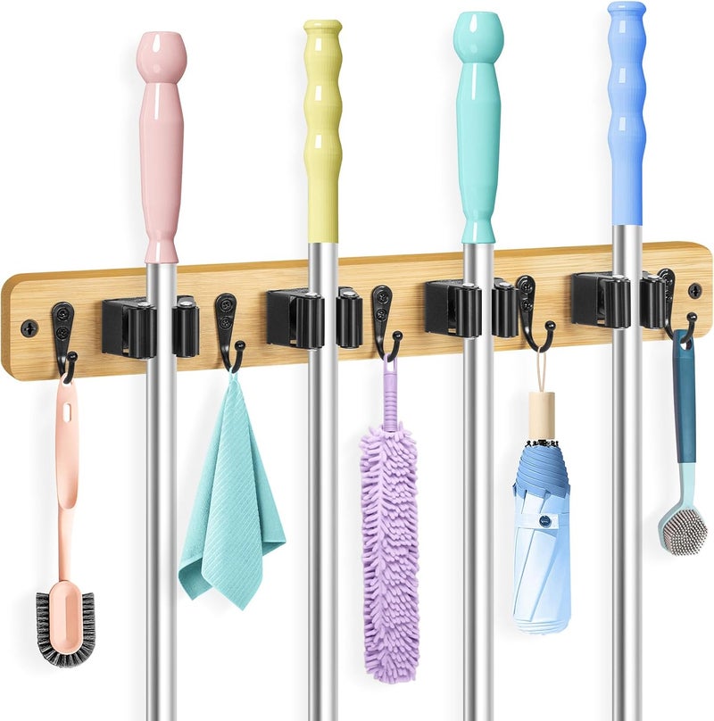 IMILLET Mop and Broom Holder Wall Mount, Bamboo Broom Hanger with 4 Racks and 5 Hooks, Laundry Room Decor, Self Adhesive Over the Door Broom Organizer, Wall Organizer for Home Garage Closet (1 Pack) - Image 1